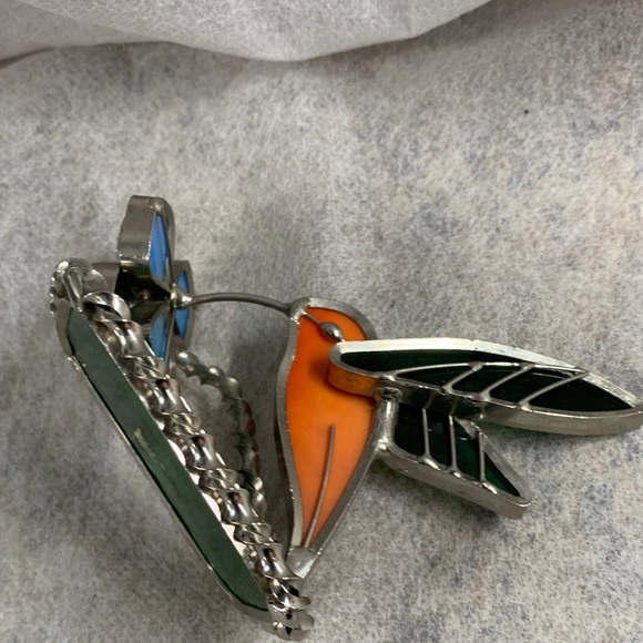 Vintage Stained Glass Hummingbird Figurine Suncatcher Metal With Orange/Green - Picture 9 of 12